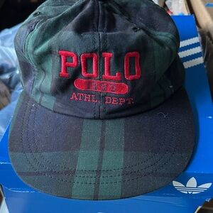Polo by Ralph Lauren Black & Green Plaid Baseball Cap with Red 'POLO' Embroidery